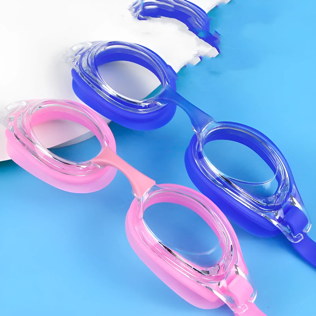 Swimming goggles for myopia with corrective lenses and a matching storage case.