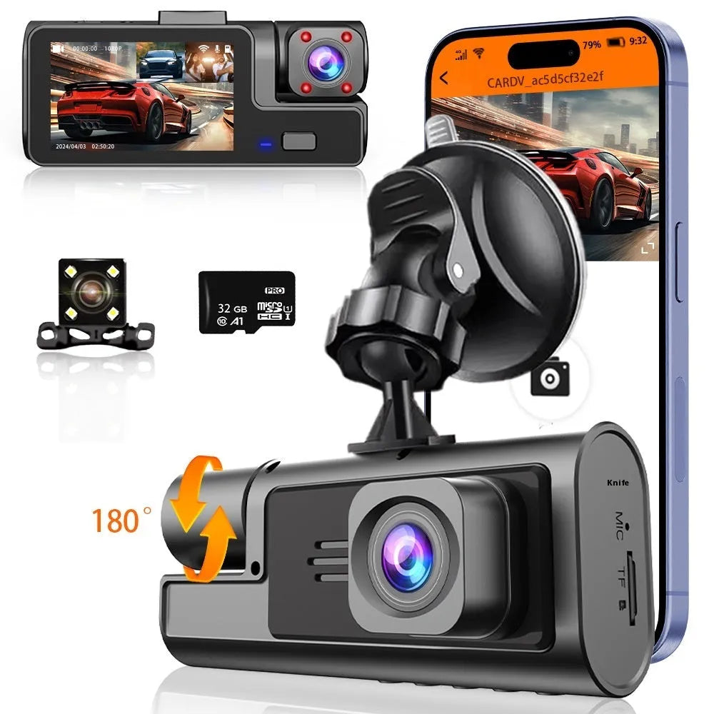 WiFi-enabled car dash cam on windscreen with 2-inch screen and data cable