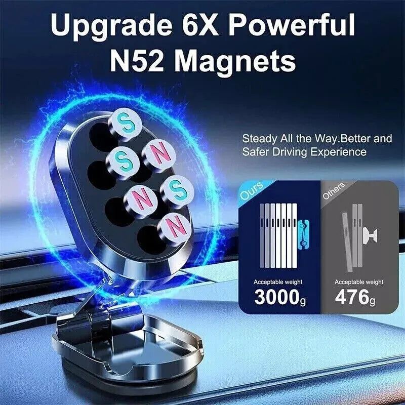 Chrome folding magnetic car phone holder shown extended and collapsed on a car dashboard.
