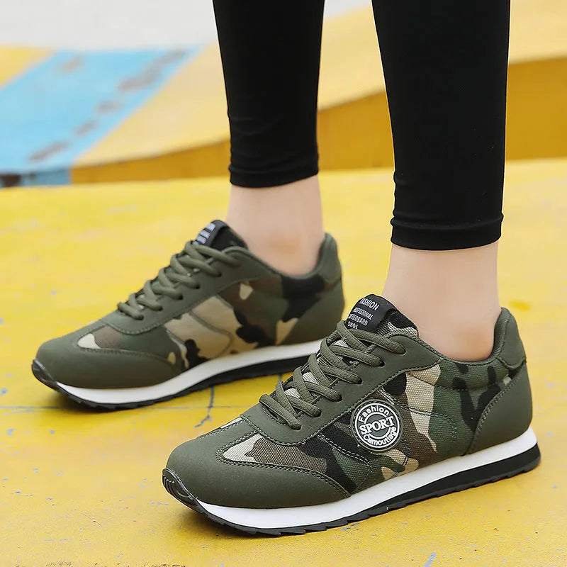 Men's and women's low-top camouflage sports shoes with suede upper and flat foam sole.