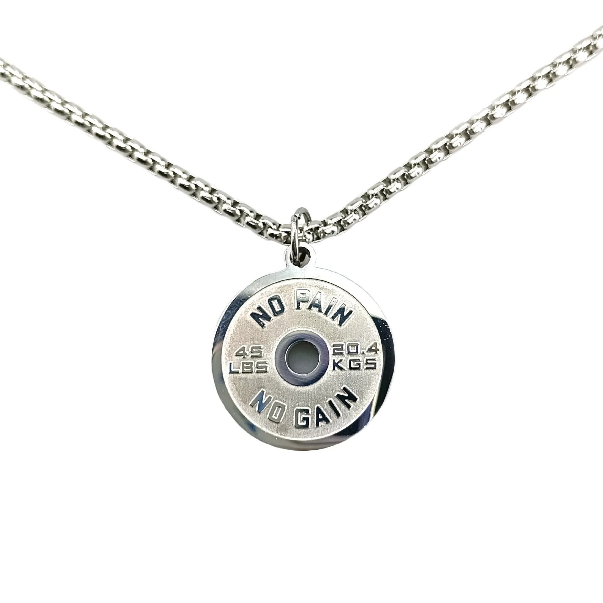 Polished stainless steel geometric barbell disk pendant necklace on a choice of chains.
