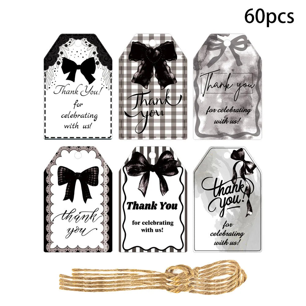 Birthday party gift tags with bowknot designs and natural hemp rope ties