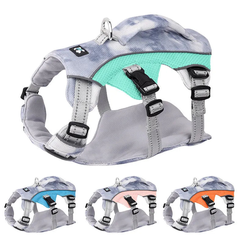 Reflective dog cooling vest chest strap in light blue polyester with adjustable sizing.