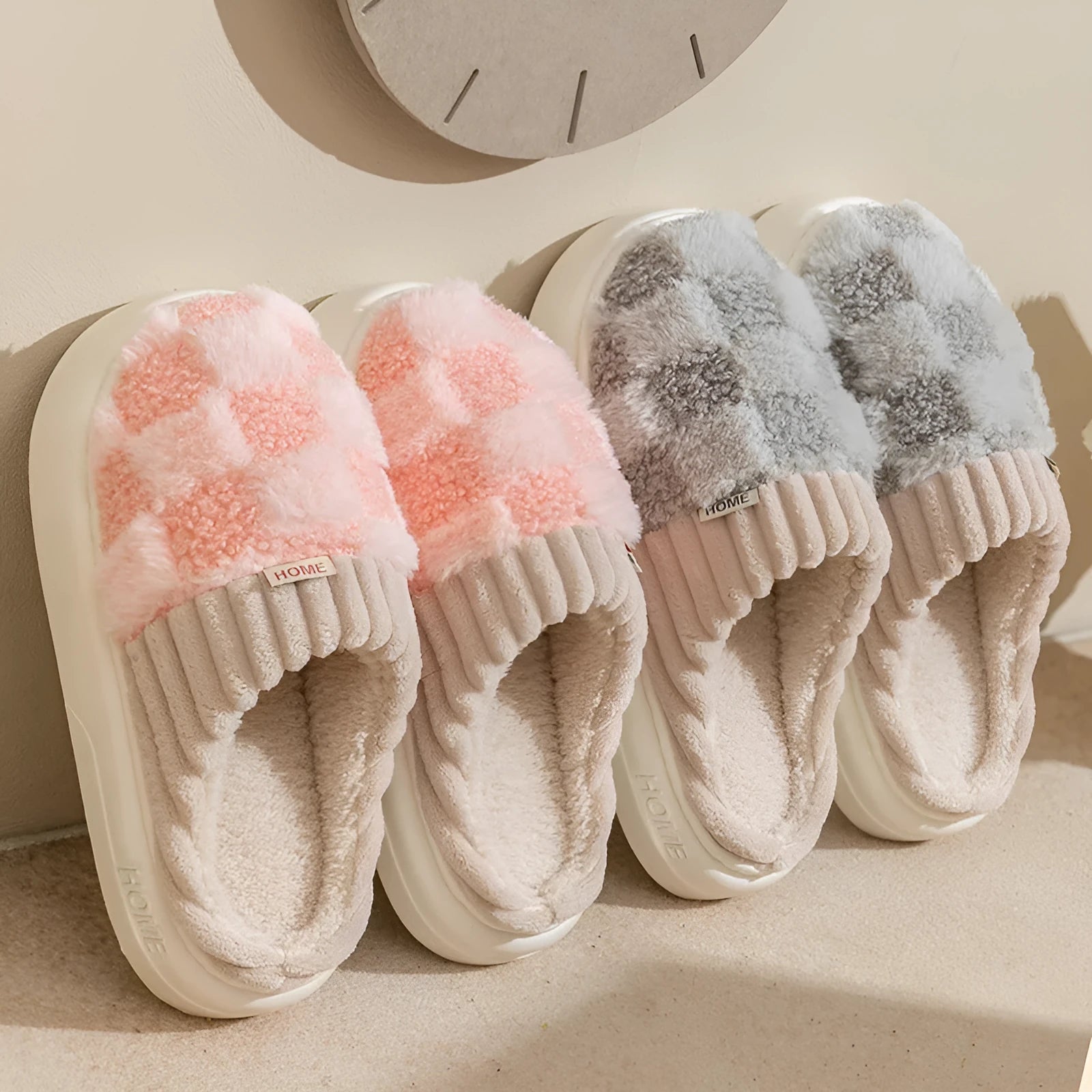 Women's plush indoor slippers in grey with round toe, non-slip PVC sole, and coral velvet upper.