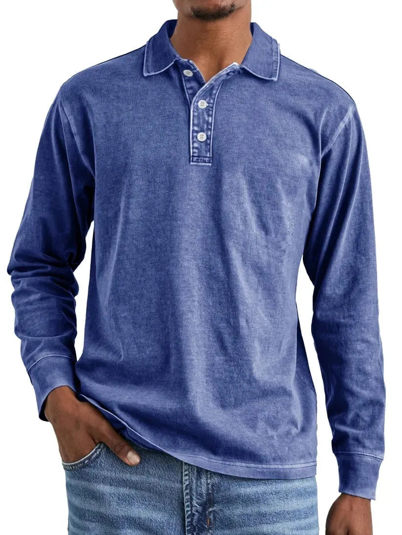 Men's retro washed distressed pure cotton long sleeve polo shirt with lapel collar in army green