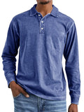Men's retro washed distressed pure cotton long sleeve polo shirt with lapel collar in army green