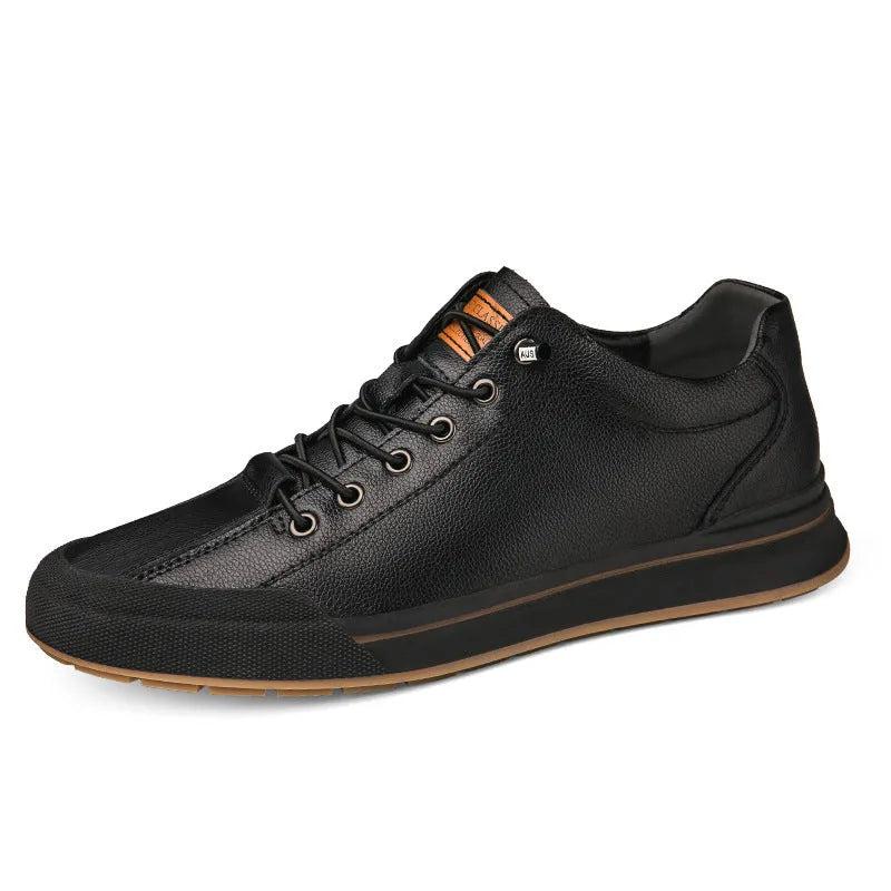 Men's white matte leather casual shoes with round toe and 6cm flat sole available in hollow-out and fleece-lined variants
