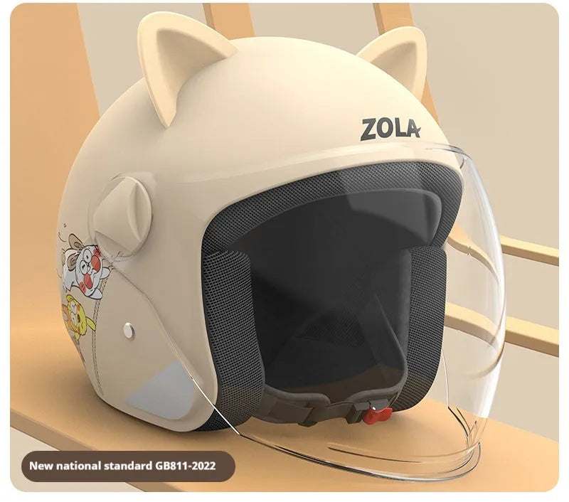 Blue winter electric bicycle helmet with attached ear scarf and a clear anti-fog visor.