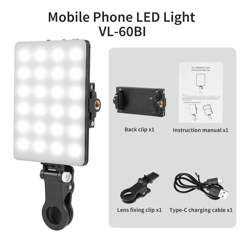 VL series pocket LED fill light with clip attached to a smartphone for photography.