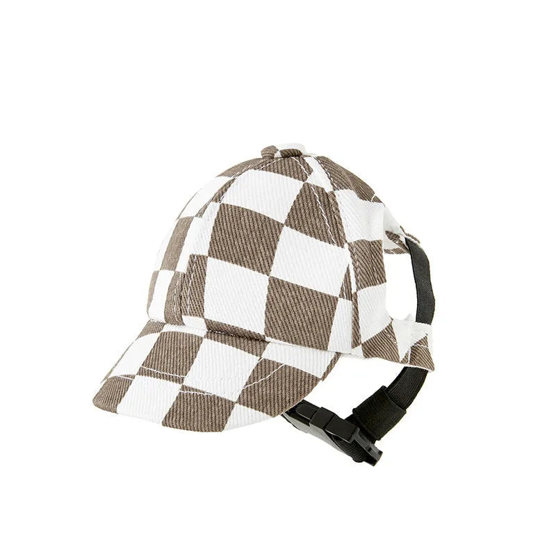 Plaid cotton dog baseball hat in brown or black, sizes S to XL, for small and medium dogs.