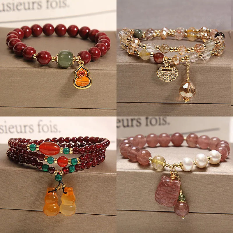 Women's Korean style multi-layer crystal bracelet with natural garnet and mixed pendant designs