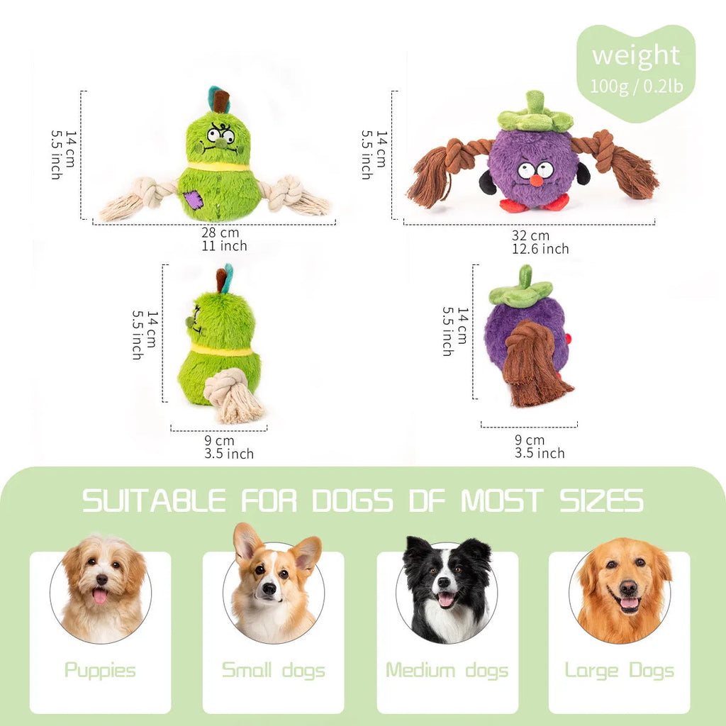 Green and purple interactive dog plush toy with integrated rope knot for tug-of-war games.
