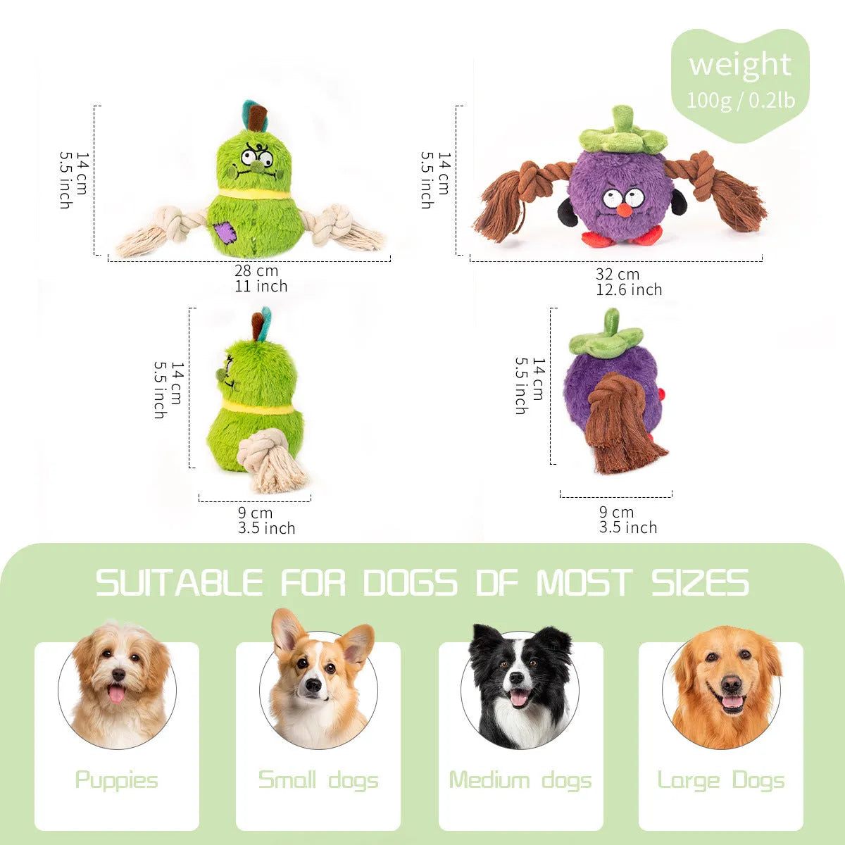 Green and purple interactive dog plush toy with integrated rope knot for tug-of-war games.