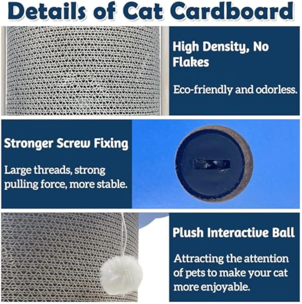 Grey cardboard cat corner scratcher with hanging ball against a wall