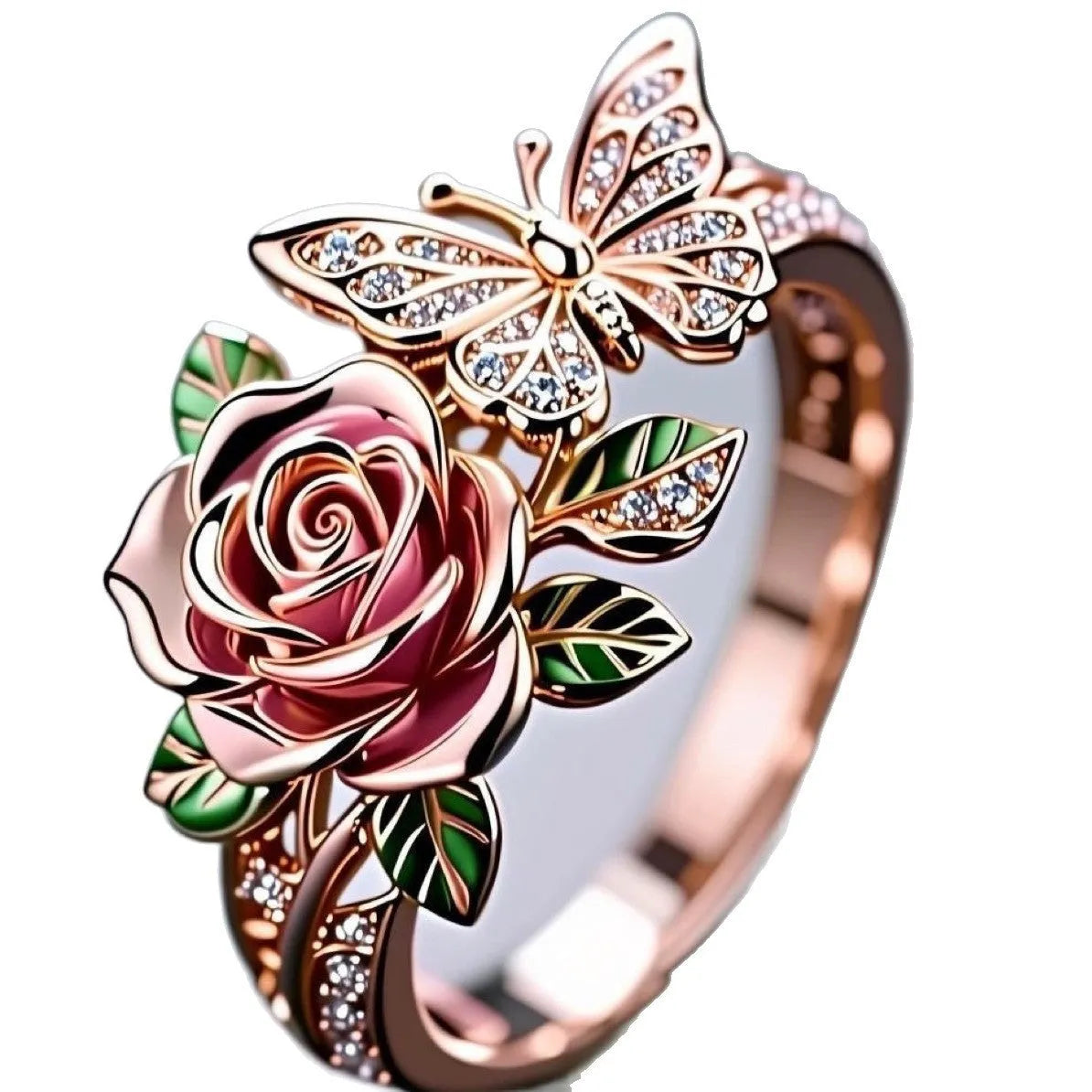 Adjustable alloy butterfly ring with oil-drip colour finish showing floral and insect details