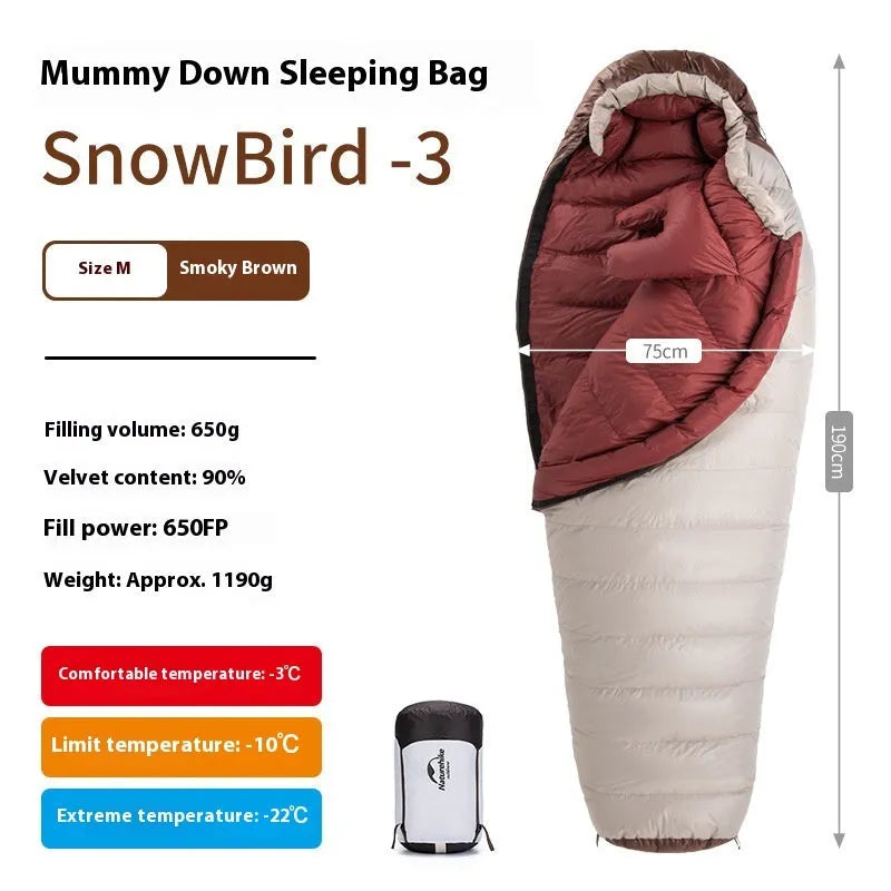 Adult goose down mummy sleeping bag with storage bag for camping