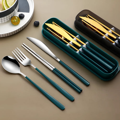 Four-piece stainless steel cutlery set with knife, fork, spoon and teaspoon in a mesh bag, gold and silver colour options