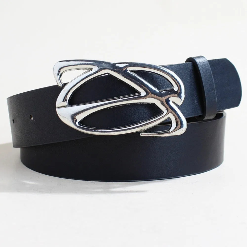 Silver buckle casual belt made from black PU leather with snap button fastening, 3.3cm wide