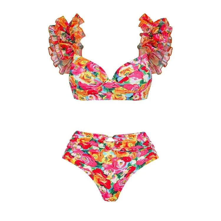 Women's floral two-piece swimsuit with high-waisted briefs and sleeveless top