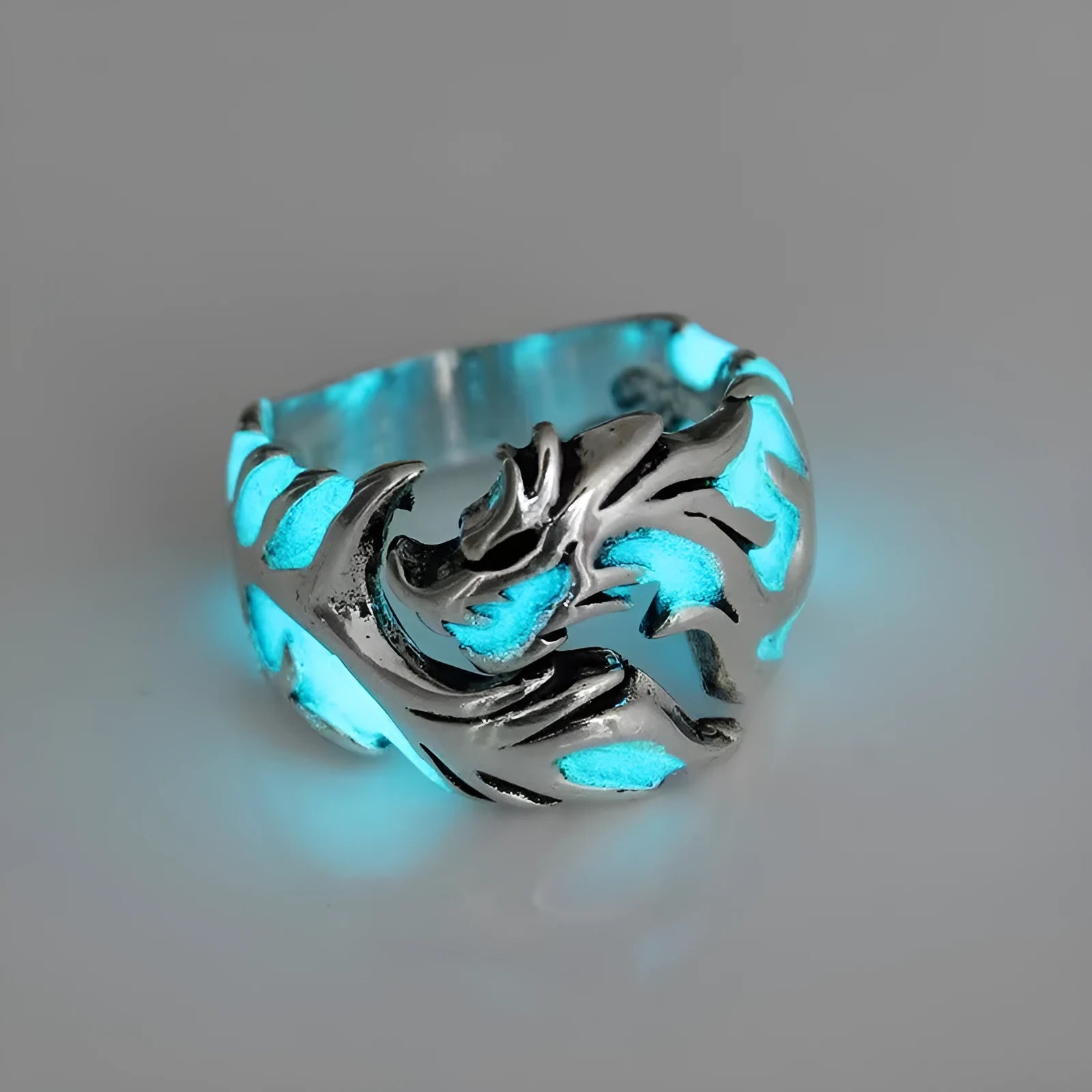 Chinese style luminous dragon pattern adjustable ring in antique silver blue and green metal.