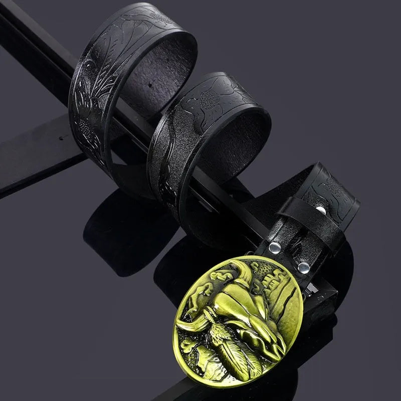 Men's black belt with detailed alloy cow head buckle showing carved and embossed design on imitation leather strap