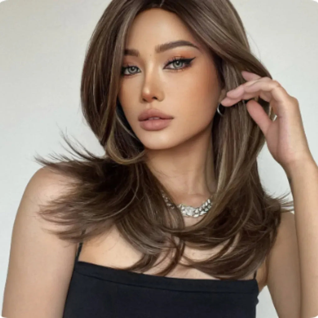 Mid-length platinum gradient colour full-head wig with long curly hair and bangs