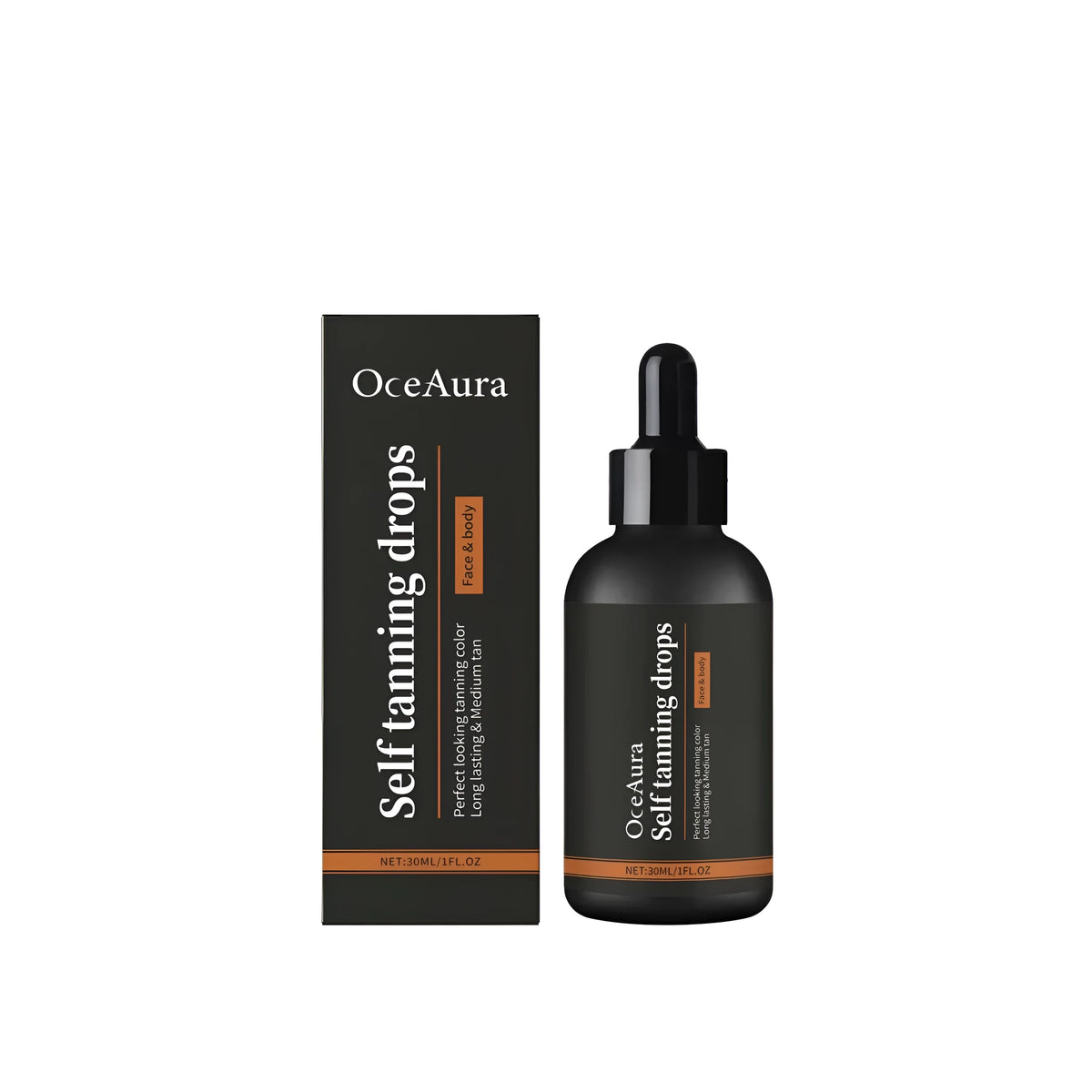 30ml bottle of vegan self tanning drops with dropper, featuring beet root extract and carotene for gradual facial tan