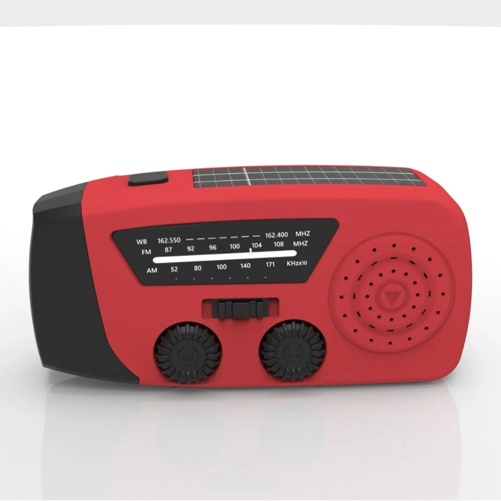 Red rechargeable emergency radio torch with hand crank, LED light, and USB charging port