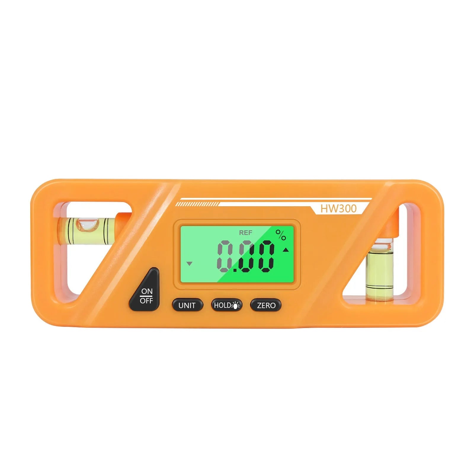 HW300 digital inclinometer level meter with magnetic base and LCD display showing angle reading.