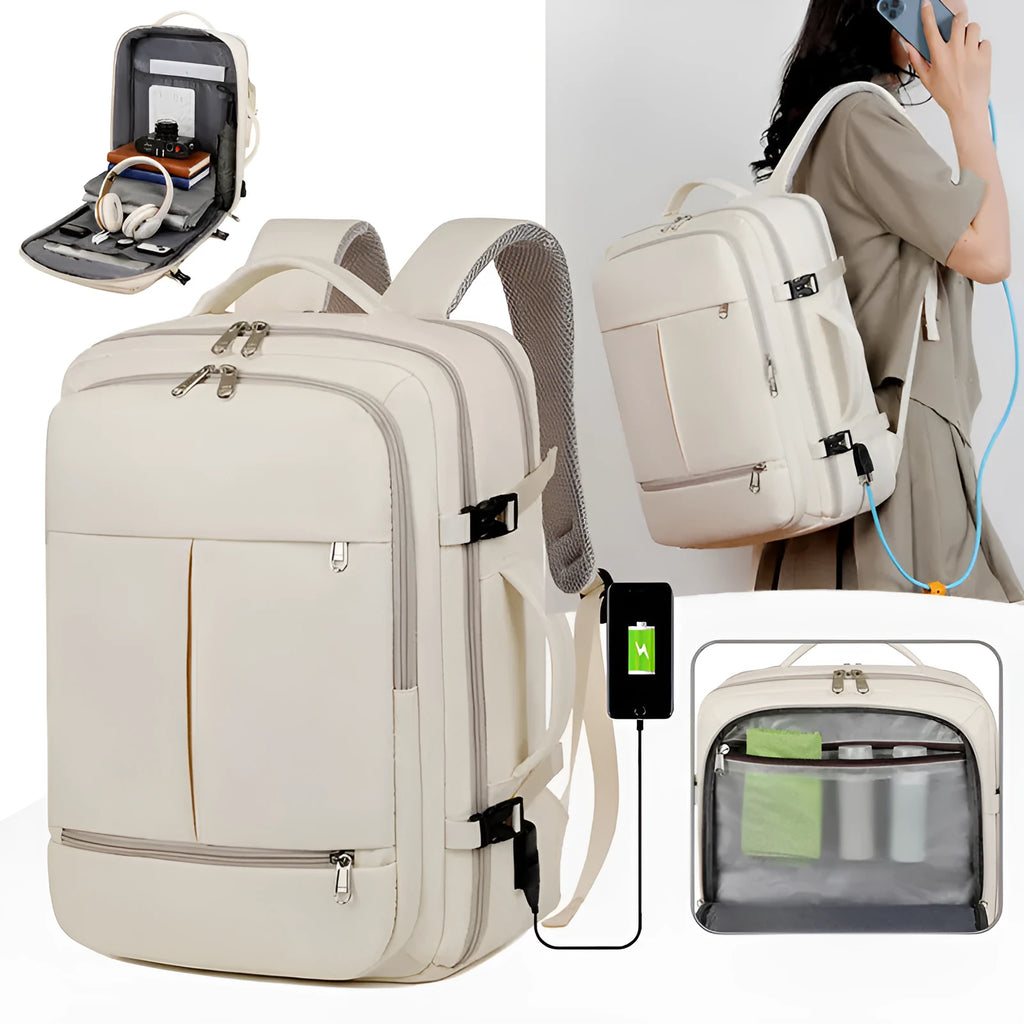Large waterproof Oxford cloth backpack with multiple pockets, shown in one of five colours, holding a 15.6 inch laptop.