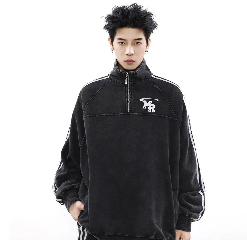 Black Hong Kong style retro sports hoodie with stand collar, shown on a model.