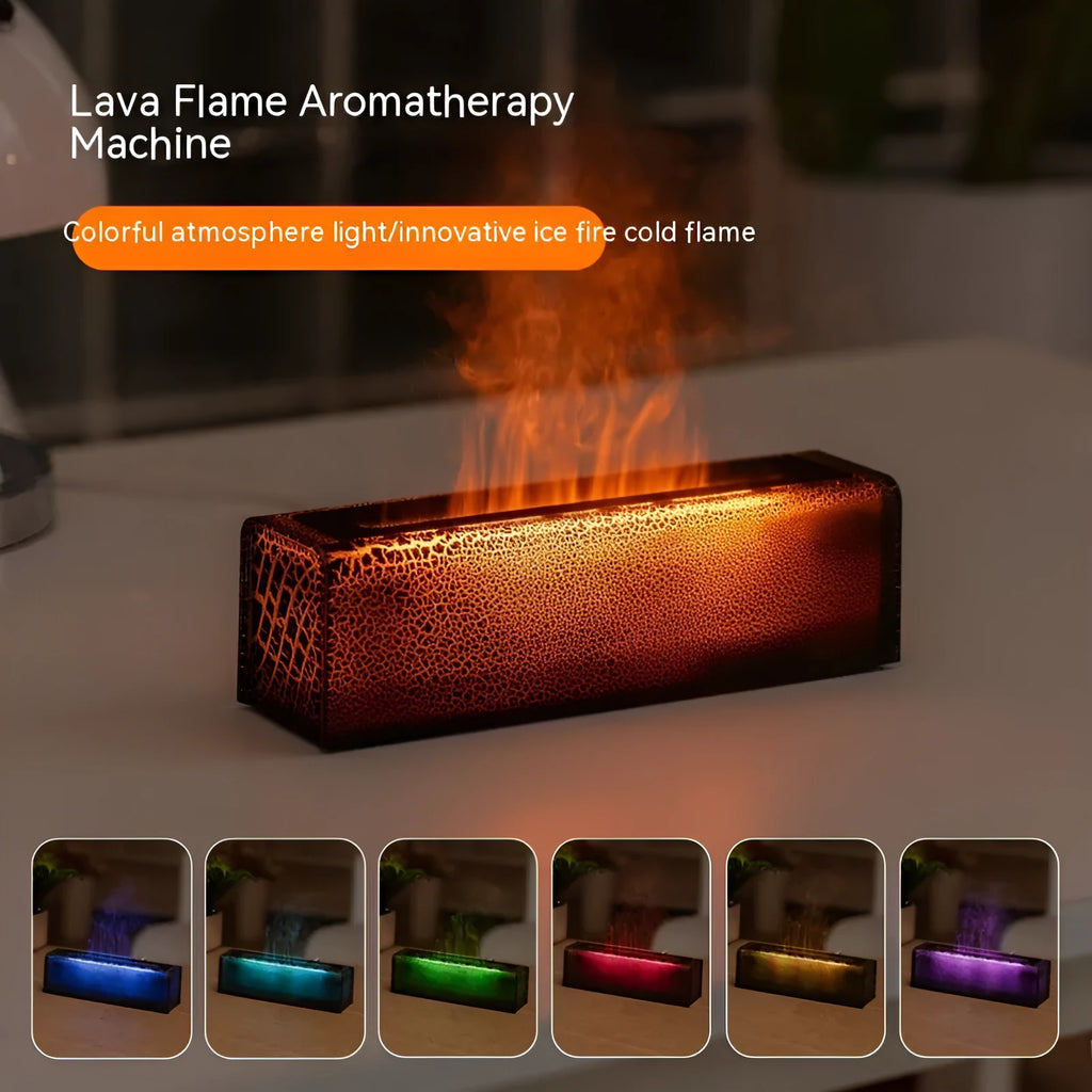 Square creative lava flame aroma diffuser humidifier on desktop with USB cable