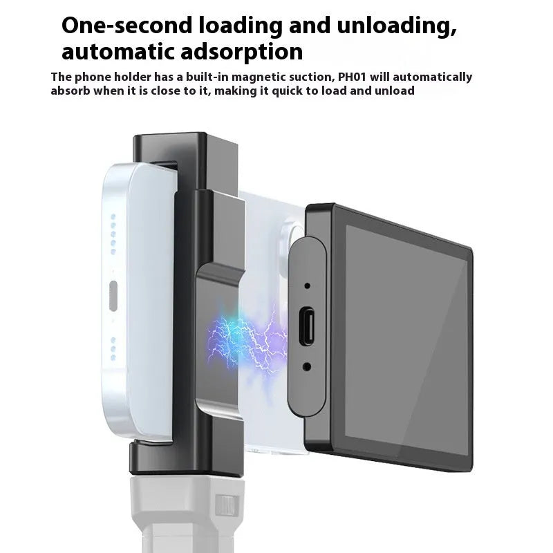 Mobile phone selfie mirror display screen with magnetic suction phone clip, Bluetooth remote control, storage bag, and charging cable.