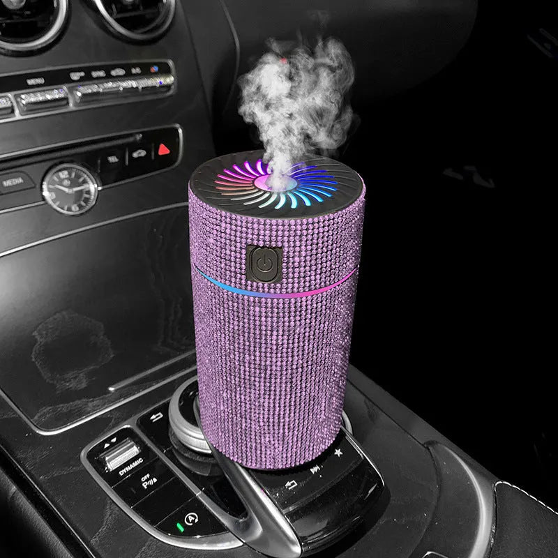 Car mounted air purifier and humidifier unit with diamond finish and LED lighting in seven colour options