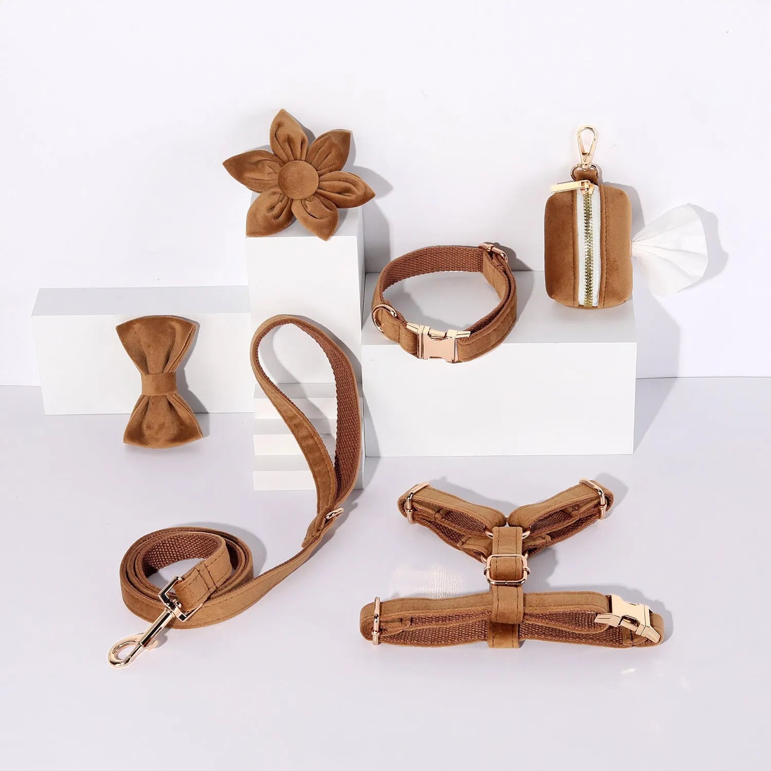 Classic velvet soft pet collar and traction rope set with chest strap, bow tie, flower and toilet bag accessories
