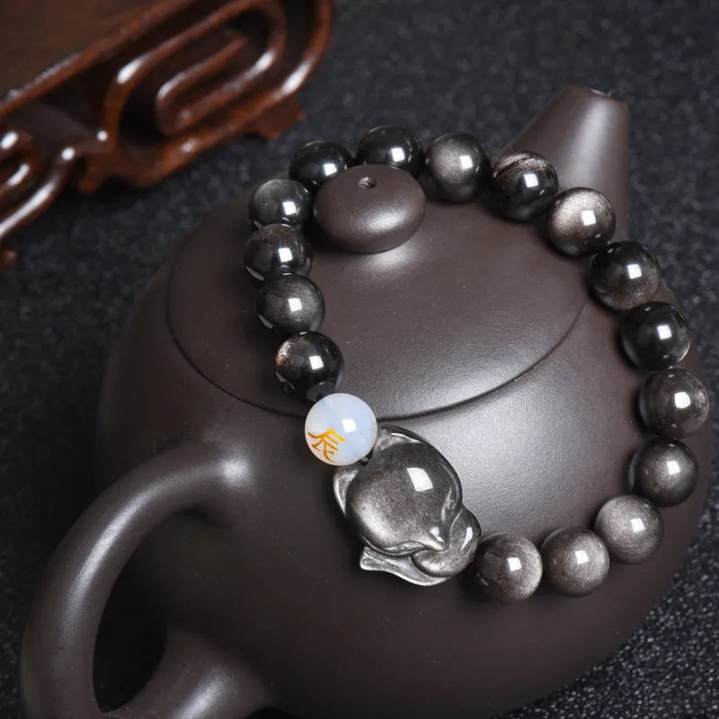 Natural obsidian zodiac bracelet with 10mm beads in three style variations