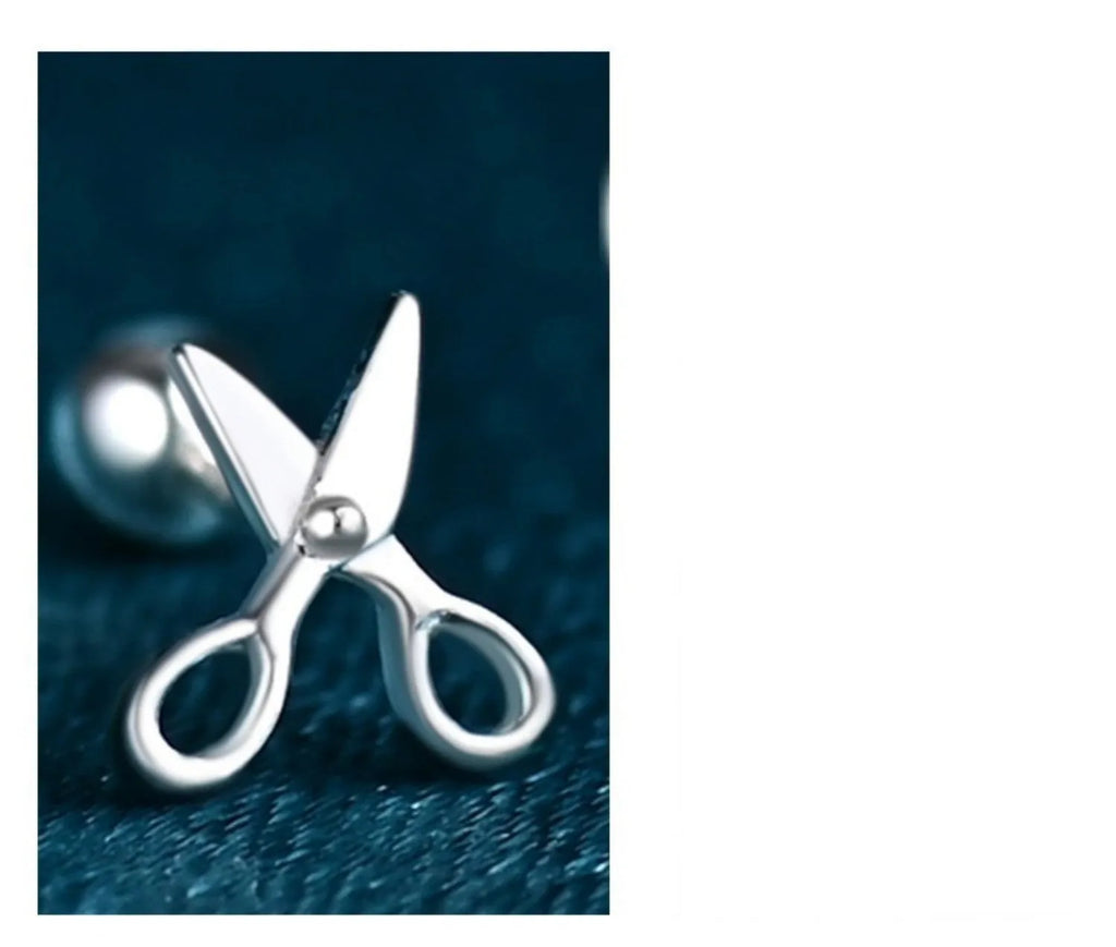 S999 pure silver screw style ear nails with mini scissors design for women