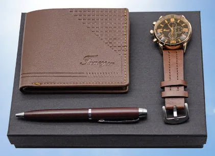 Creative holiday gift set featuring a watch, wallet, and pen in a modern simplicity style gift box.