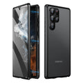 Magnetic mirror phone case with peep-proof screen for Samsung Galaxy S24 Ultra in black, showing magnetic backplate.