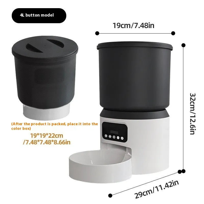 White 4-litre smart pet feeder with digital display and stainless steel bowl on a wooden floor.