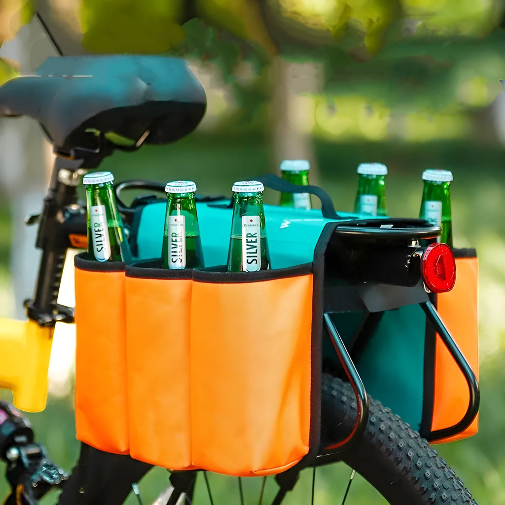 Black bicycle double-sided drink storage bag mounted on bike frame
