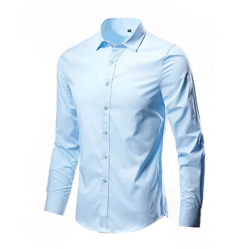 Men's slim-fit long-sleeve linen shirt on a hanger, shown in a light grey colour.