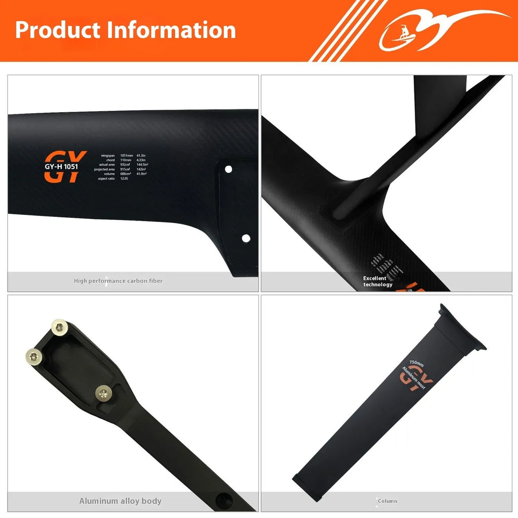 Black carbon fibre racing hydrofoil with 1051mm front wing for surfing