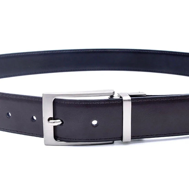 Men's dark brown and black leather casual belt with a silver rotating pin buckle, laid flat.
