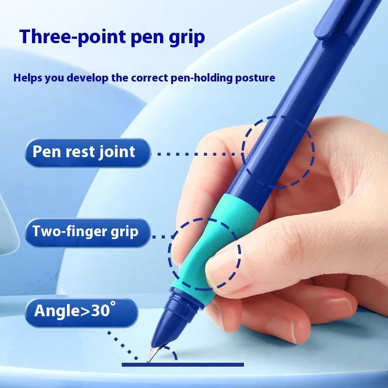 Plastic posture correction pen shown in blue, green gradient, purple, and orange colour options, displayed in its box.