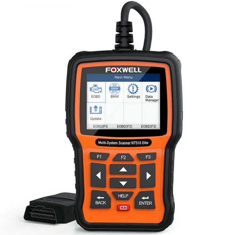 Foxwell NT510 orange and black automotive diagnostic scanner with screen and data cable.