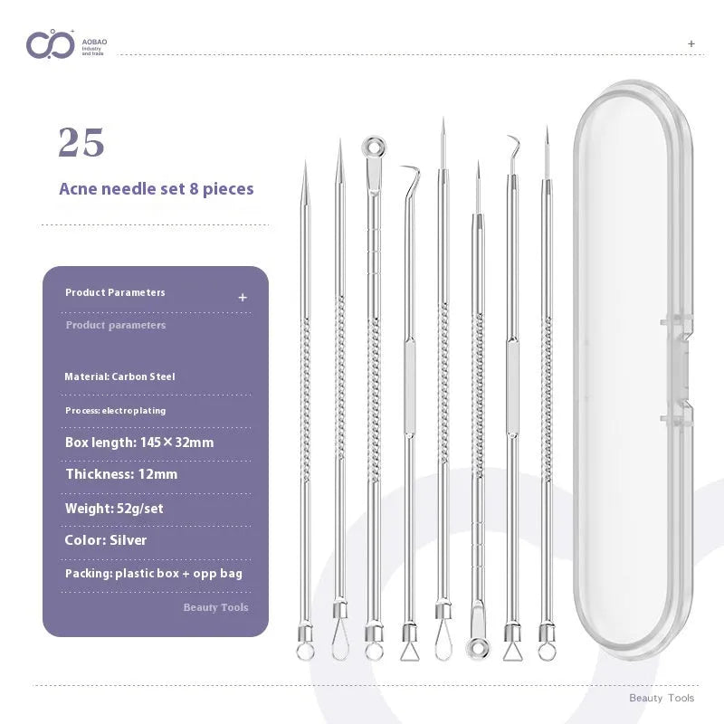 Four silver metal acne needles with fine pointed tips for blackhead removal.