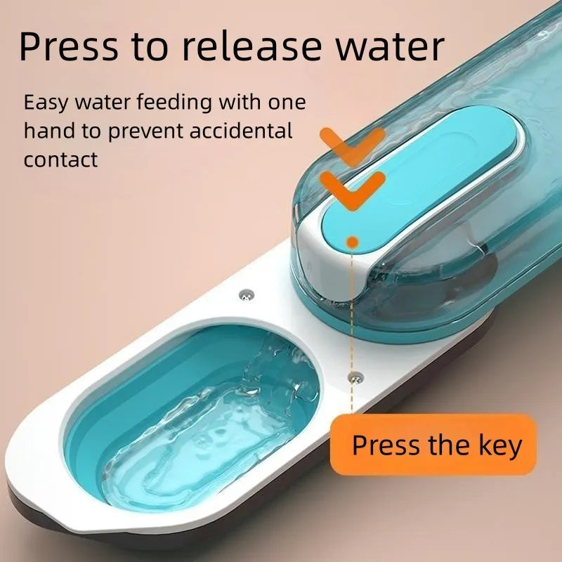 Blue portable dog water bottle with foldable silicone drinking bowl attached, showing screw lid.