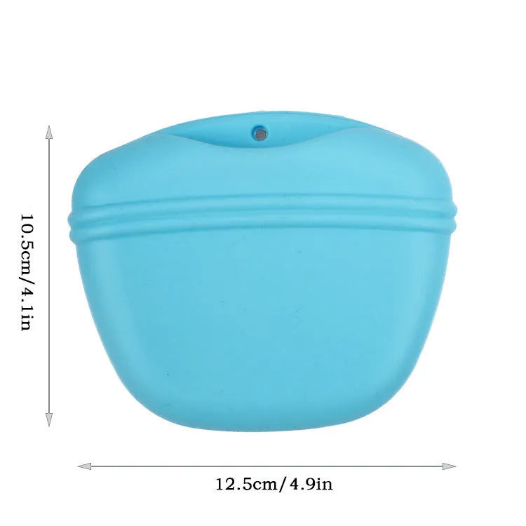 Silicone dog treat bag with clip attachment showing magnet closure and food-grade construction