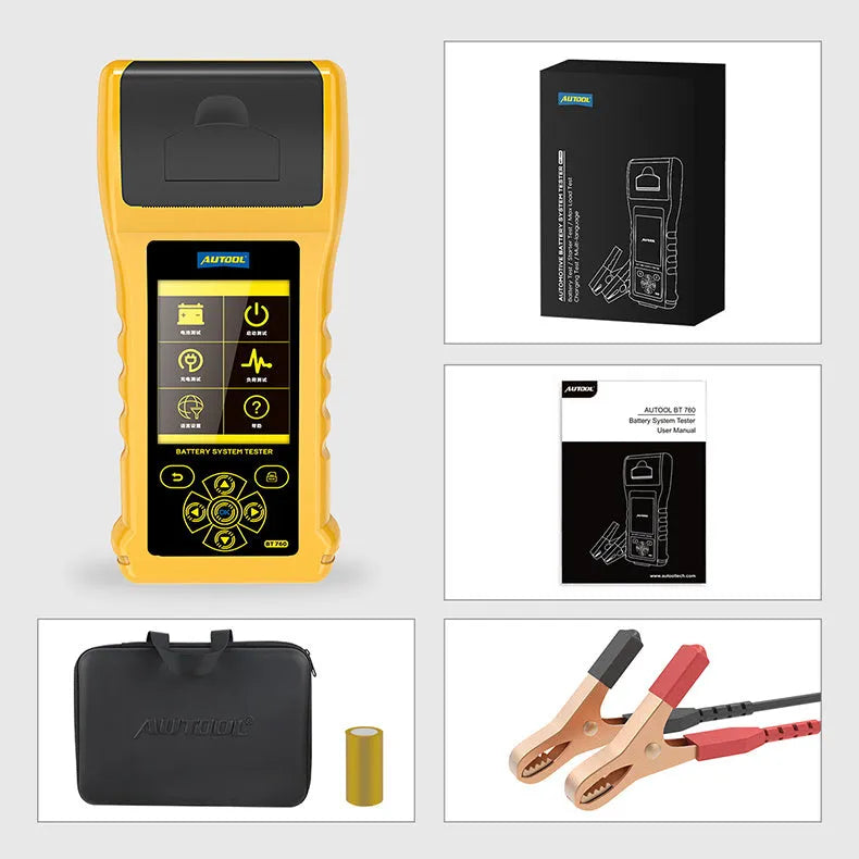 Autool BT760 colour screen vehicle battery tester with red and black clips and built-in thermal printer.